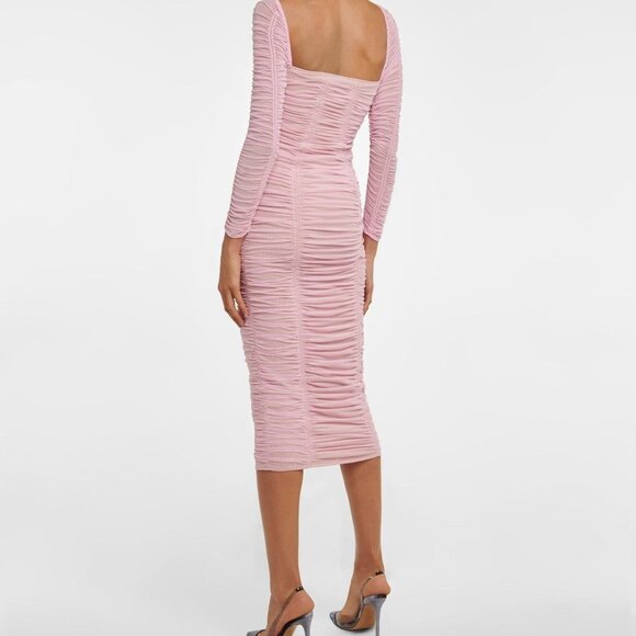 NEW! Self Portrait Pink Power Mesh Long Sleeve Midi Dress Pink - Picture 7 of 11